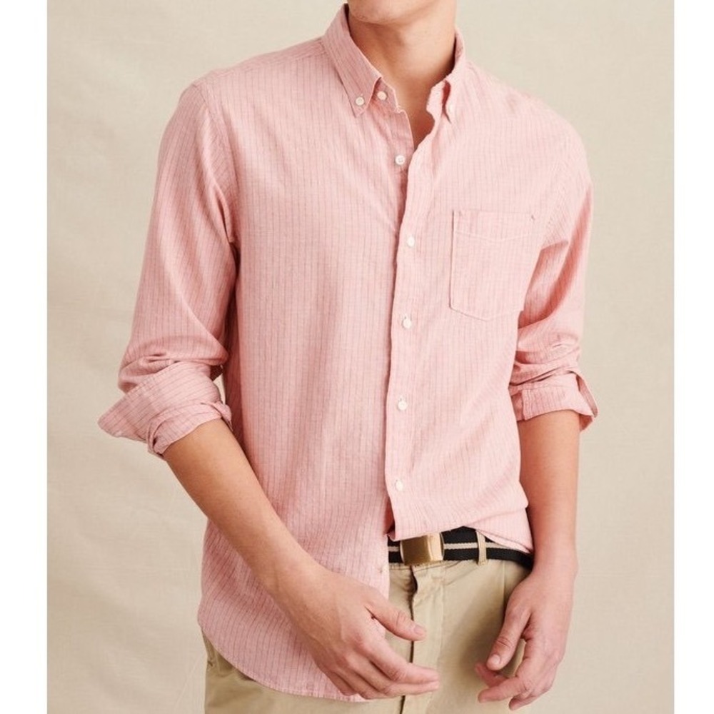 Alex Mill Cotton Linen Stripes Button Down Shirt Pink Pocket - XLarge
